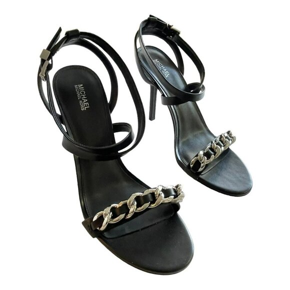Michael Kors Asha Black Heels Silver Chain Stiletto Ankle Wrap Shoes Size 9.5 - Picture 1 of 8